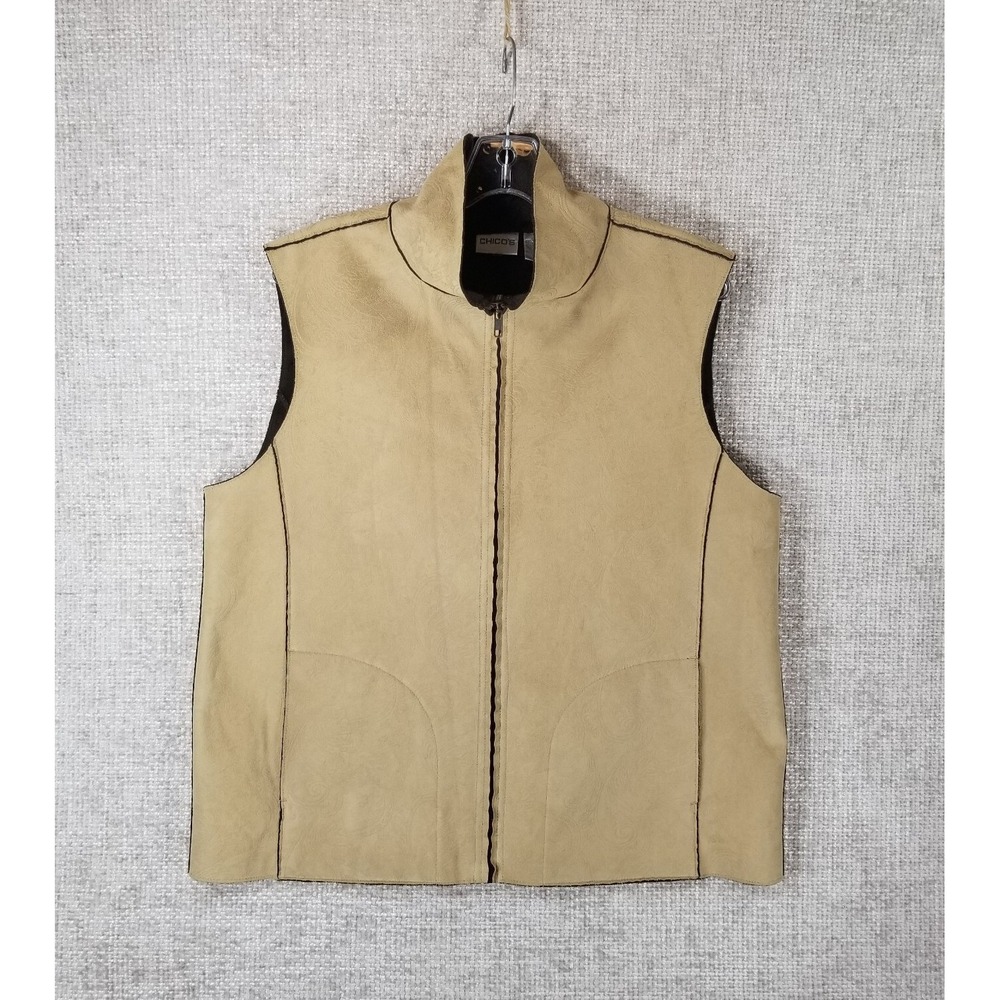 Chico's Etched Faux Suede Vest Full Zip Fur Lined Tan Women's L Chest 44" Rustic
